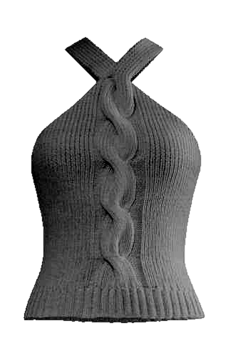 Transparent cutout of a white halter knit top with central cable